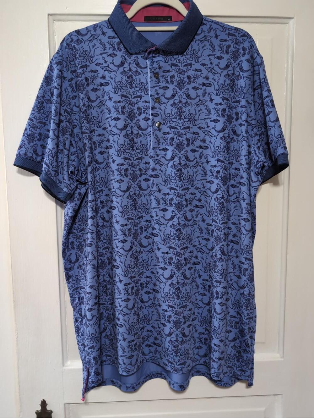 Grayson Golf Polo Underwater Blue Fish All Over Print Performance Men's XL(1321)